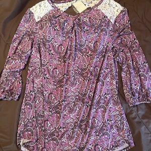 Cato large lilac, black & white 3/4 blouse w/lace shoulder accents NWT